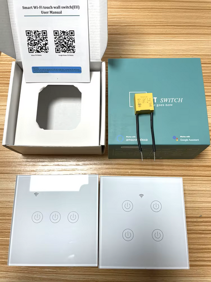 Panneau Mural Intelligent WiFi Standard EU avec Interrupteur Tactile 1/2 Voies – Contrôle Vocal – Pas de NEUTRE et avec Condensateur – Pour VA ET VIENT