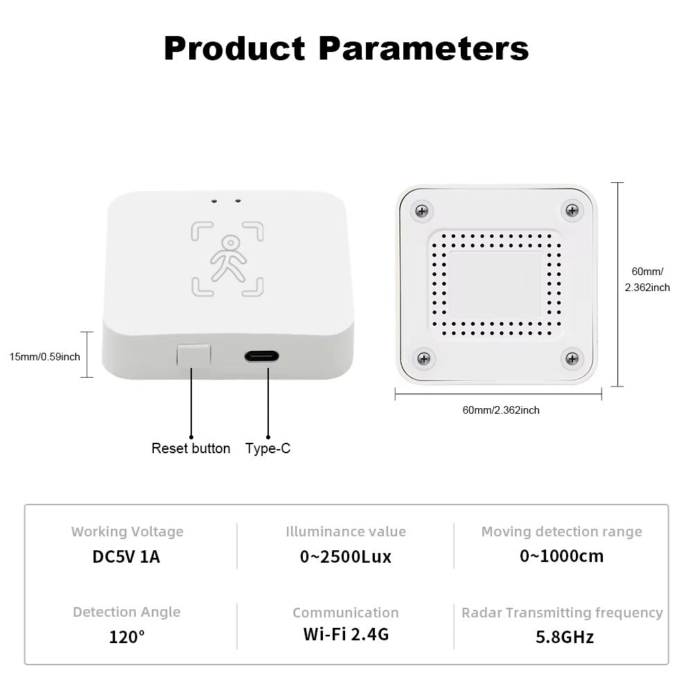 Capteur de Présence Humaine WiFi Tuya – Détection Fine par Radar 5,8 GHz