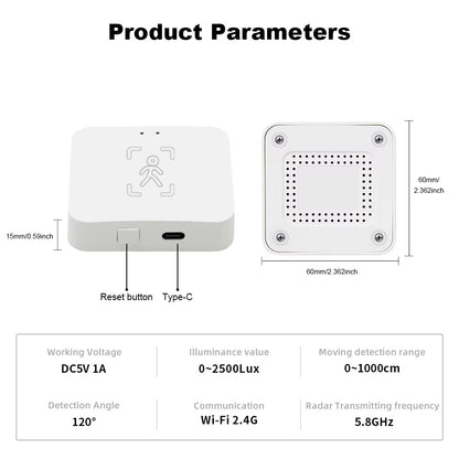 Capteur de Présence Humaine WiFi Tuya – Détection Fine par Radar 5,8 GHz