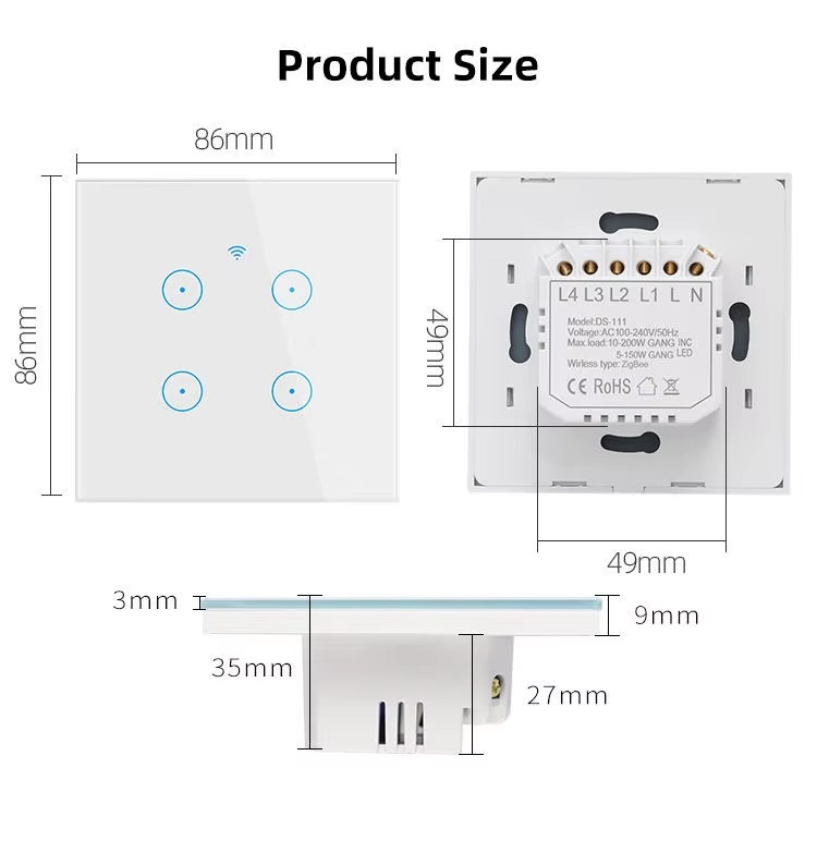 Panneau Mural Intelligent WiFi Standard EU avec Interrupteur Tactile 1/2/3/4 Voies – Contrôle Vocal