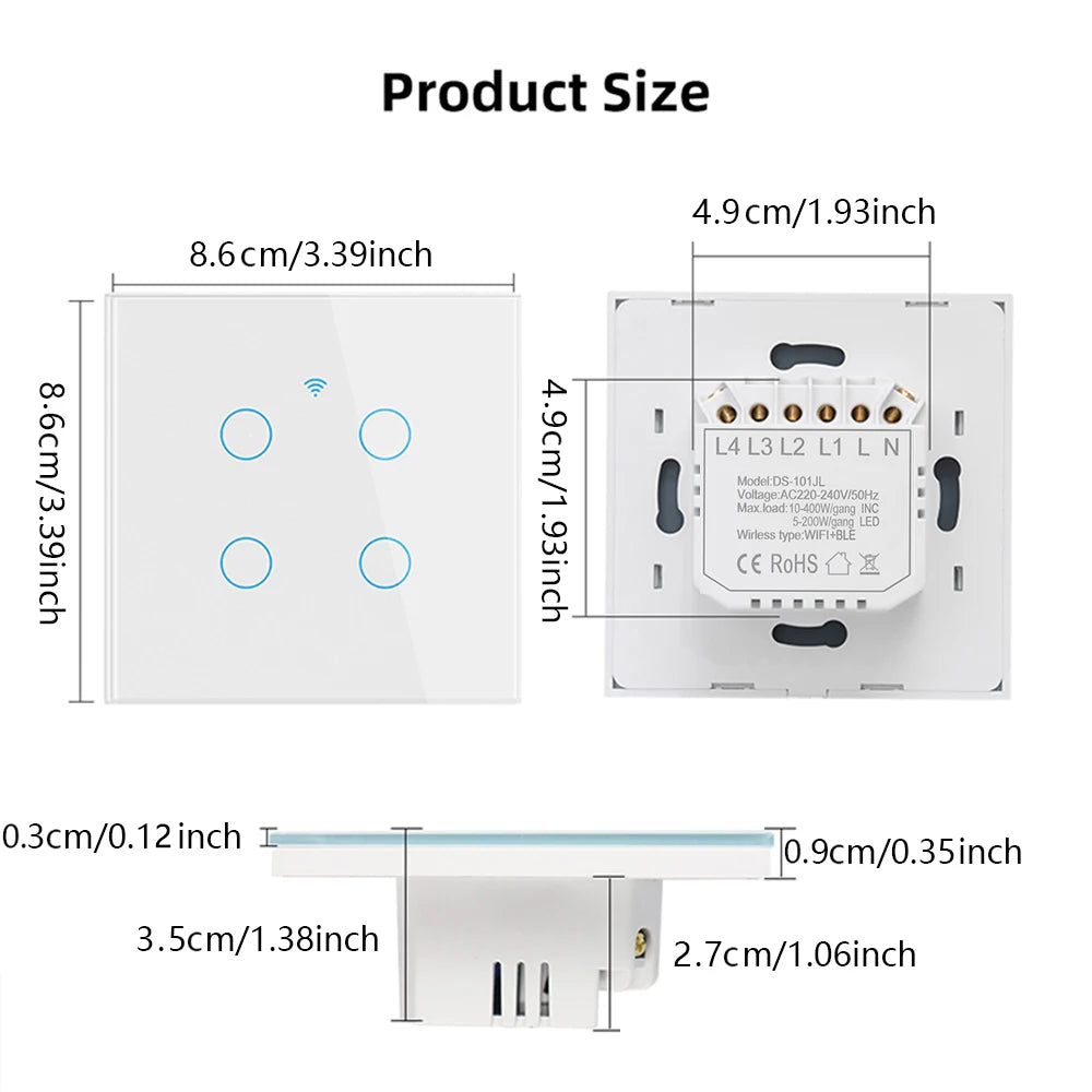 Panneau Mural Intelligent WiFi Standard EU avec Interrupteur Tactile 1/2/3/4 Voies – Contrôle Vocal