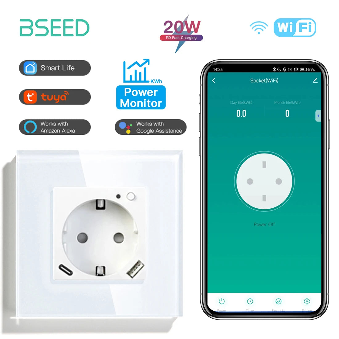 Prise Murale Intelligente Wi-Fi Tuya avec Ports USB-A & USB-C – Contrôle Vocal et Mesure d'Énergie