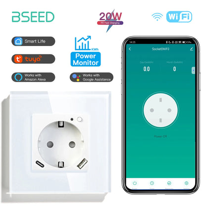Prise Murale Intelligente Wi-Fi Tuya avec Ports USB-A & USB-C – Contrôle Vocal et Mesure d'Énergie