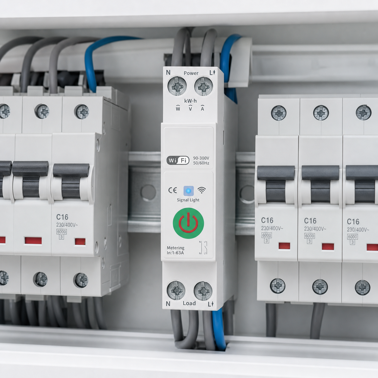 Disjoncteur WiFi 63A installé sur rail DIN dans un tableau électrique