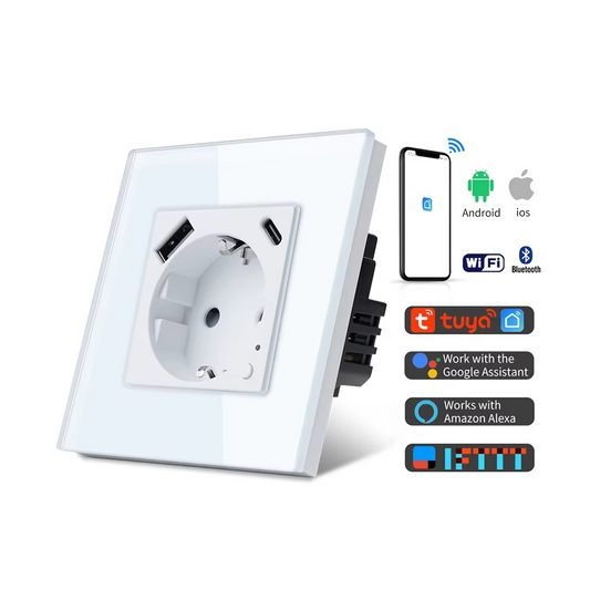 Prise Murale Intelligente Wi-Fi Tuya avec Ports USB-A & USB-C – Contrôle Vocal et Mesure d'Énergie